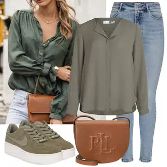 90-ich, Stil Outfit sa Siva/Tamnozelena/Kaki/Bež/Smeđa Bluza s Podignutim Ovratnikom/Bluza Dugih Rukava/Slip-on Bluza/Kožna jakna/Svilena bluza/Bluza s gumbom/Duga Bluza/Tunika Majica/Oversize Bluza Vila "Opušteni izgled"Look: klasický, Stil, Transparentan, Ured, Vatrogasici, Prekrasan, Ležerno, Retro