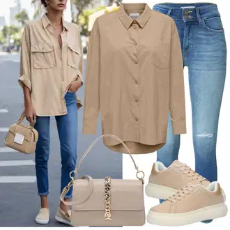 Prevelik Outfit sa Smeđa/Kaki/Bež Majica Poslovna košulja/Poslovna košulja/Košulja od muslina/Ležerna košulja Only "Lagana odjeća"Look: klasický, Prevelik, Stil, Unisex, Radna odjeća, Ured, Sveučilišna