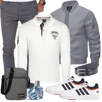 Stil Outfits Skater mit Grau/Hellgrau Frühlingsjacke/Kunstfaserjacke/Jacke mit Seitlichem Reißverschluss/Uniformjacke/Bomberjacke/Fliegerjacke KEFITEVD "Street Style Outfit"Look: Coole, Chill, Trendige, Indoor, College, Workwear, Büro, Skater, Sportlich, Schön
