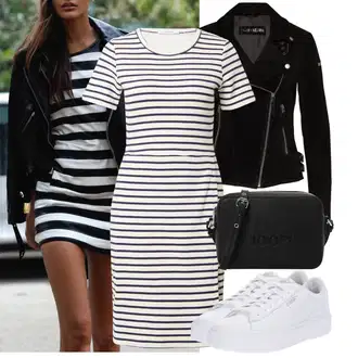 Outfit s Tmavě modrá/Bílá/Zelená/Krémová/Červená Šaty S Rovným Střihem/Úzké Šaty/Pouzdrové Šaty/Ležérní Šaty/Žerzejové Šaty/Tričkové šaty About You "Oblečení pro volný čas"