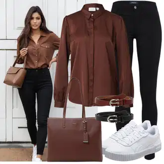 Outfit sa Crvena/Smeđa/Tamnosmeđa Poslovna Bluza/Bluza od Satena/Svilena Bluza/Bluza s Podignutim Ovratnikom/Bodija Bluze/Bluza Dugih Rukava/Bluza s gumbom Vila "Opušteni izgled"