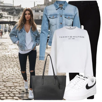 Outfit s Bílá/Šedá Fleecová Mikina/Kožená bunda/Sportovní mikina Tommy Hilfiger "Lehký outfit"