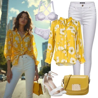 Outfit s Žlutá/Zelená Peplum blůza/Halenkový Top/Halenka s Nafouknutým Rukávem/Halenka s Krátkým Rukávem/Neobvyklá Halenka/Crash blůza/Halenka s Potiskem/Rozverná blůza/Vzorovaná Halenka Modström "Stylový letní vzhled"