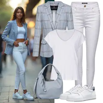 Outfit s Šedá/Světle modrá/Vícebarevný/Modrá Boucle Blazer/Tvídové Sako influencer "Stylový Vzhled pro Podzim"