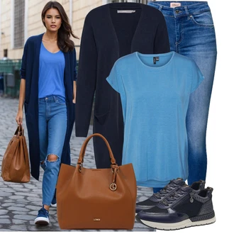 Italský Outfit s Modrá/Tmavě modrá/Šedá Teniska Kožené Tenisky/Nízká Teniska/Úzká Teniska/Tenisky s Bočním Zipem/Letní Tenisky/Bota Na Pěší Turistiku Tamaris "Lehký outfit"Look: Blokování barev, Cool, Italský, Námořní, Venkovní, Chytrý příležitostný, Sportovní, Unisex
