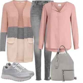 so sponou Outfit s Růžová Blůza s knoflíčkem/Slip-on Halenka/Halenkový Top/Kožená bunda/Halenka se Stojatým Límcem/Halenkové Body/Hedvábná Halenka/Halenka s Dlouhým Rukávem/Tunikové Tričko/Jednobarevná Halenka/Dlouhá Halenka Vila "Módní vzhled na podzim"