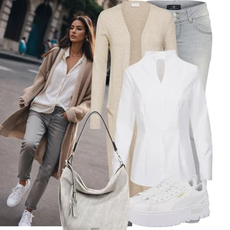 Outfit s Bílá/Krémová Blůza s knoflíčkem/Halenka s Trychtýřovým Límcem/Halenka se Stojatým Límcem/Businessová Halenka/Žehlení odolná blůza/Halenka s Krátkým Rukávem About You "Vkusný podzimní outfit"
