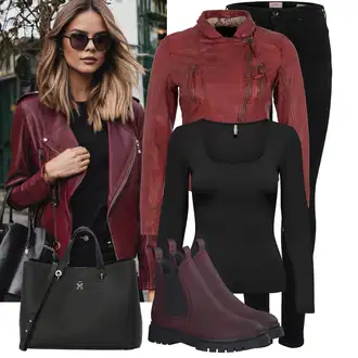 Outfit sa Narandžasta/Tamnocrvena/Crvena/Smeđa Kožna Jakna/Push-up Traperice/High Waist Traperice/Muška Kožna Jakna/Traperica Niskog Struka/Traperica Niskog Struka/Traperice Slim Kroja/Kožne Cipele/Trenerke Traperice/Bikerske Traperice Only "Jesenski outfiti"