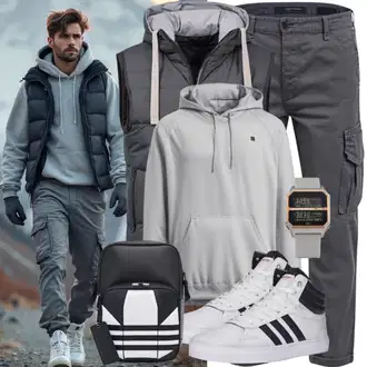 Casual Outfits Büro mit Grau/Hellgrau Isolationsweste/Puffer Weste/Kunstfaserweste/Funktionsweste CMP, Schwarz Accessoire/Mannstasche/Gürteltasche Calvin Klein "Alltagsoutfit"Look: Techno, Western, Skater, Workwear, Büro, Outdoor, Zuhause, 30er Jahre, Schick, Classic, Old Money, Oversize, Premium, Retro, 80er