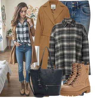 Lumberjack Outfit s Šedá/Světle šedá/Tmavě šedá Flanelová košile/Károvaná Košile Only "Podzimní outfit pro každý den"