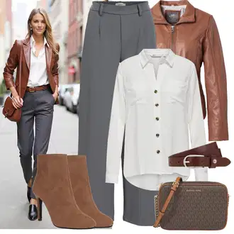 Outfit s Šedá/Tmavě šedá/Světle šedá Široká Kalhoty/Business Kalhoty/Marlene Kalhoty/Palazzo Kalhoty/Kalhoty se Štěrbinou/Plisovaná kalhoty/Kalhoty s nášivkou uprostřed/Kalhoty s Vysokým Pasem/Obleková Kalhoty/Plisovaná Kalhoty Object "Podzimní Look"