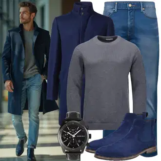 Outfit mit DunkelBlau/Blau/Schwarz Gummistiefelette/Lederjacke/Chelsea Boot Panama Jack "Casual Business Outfit"