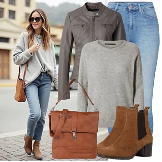 Outfit s Tmavě hnědá/Hnědá/Vínová Chelsea Boty/Kožená bunda/Letní kotníková kozačka/Kotníková Bota s Podšívkou/Vintage Kotníková Bota Tamaris "podzimní outfit pro každý den"