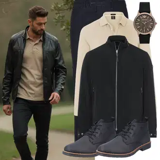 Outfit mit Schwarz/Dunkelgrau/Dunkelblau/Blau Lederschuh/Oxford Schuh/Schnürer/Schnürstiefelette/Vintage Schnürschuh/Business-Schuh/Rahmengenähter Schuh/Leder Stiefelette Rieker "Cool Outfit"