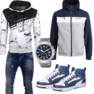 Knielang Outfit mit Grau/Weiß/Dunkelblau/Dunkelgrau/Schwarz Vintage Hoodie/Unisex Hoodie/Sport Sweatshirt/Hoodie/Ausgefallener Hoodie/Sport Hoodie Baxboy "Cool Outfit"