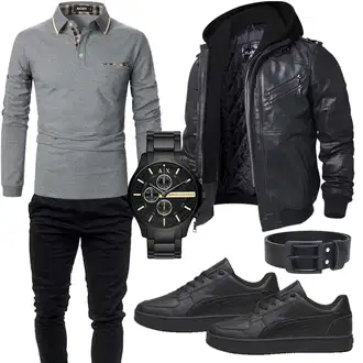 Motorrad Outfit mit Schwarz/Dunkelgrau/Grau Bikerjacke/Kapuzenjacke/Motorradjacke/Winterjacke/Fliegerjacke/Kunstlederjacke/Leder Bomberjacke/Jacke mit Seitlichem Reißverschluss FLAVOR "Cool Outfit"Look: Airsoft, Reiten, Motorrad
