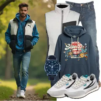 Mit Bauch Outfit mit Blau/Hellblau T-Shirt/Low Rise Jean/Low Waist Jean/Schlupfjeans/Winterjacke/Leder Schuhe LTB "Cool Outfit"