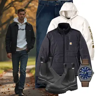 Outfit mit Dunkelblau/Blau/Hellblau Löcherne Hose/Latzhose/Twill Hose/5 Pocket Hose/Musselin Hose/Jeggings/Gerade Hose/Jeans Leggings/Boyfriend Hose/Carpenter Hose Carhartt, Weiß/Khaki/Creme Vintage Hoodie/Ausgefallener Hoodie/Hoodie/Sport Hoodie/Sport Sweatshirt/Strick Hoodie/Kapuzenpullover/Unisex Hoodie Carhartt, Dunkelblau/Schwarz/Grau/Hellblau/Dunkelgrau Ripstopjacke/Kunstfaserjacke/Steppjacke/Isolationsjacke/Thermojacke Carhartt, Schwarz Chelsea Boot/Sicherheitsschuh/Gummistiefelette Carhartt "Cool Outfit"