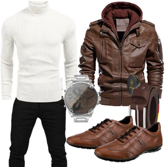 Motorrad Outfit mit Dunkelbraun/Khaki/Braun Bikerjacke/Vintage Lederjacke/Herbstjacke/Jacke mit Seitlichem Reißverschluss/Kapuzenjacke/Kunstlederjacke/Leder Bomberjacke/Lederjacke CARWORNIC "Cool Outfit"Look: Wandern, Motorrad, Arbeits, Trekking, Reiten