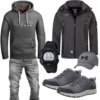 Stil Outfits Skater mit Grau/Dunkelgrau/Hellgrau Strick Hoodie/Partner Hoodie/Sport Sweatshirt/Hoodie/Ausgefallener Hoodie/Sport Hoodie/Vintage Hoodie Grin&Bear "Cool Outfit"Look: Premium, Zuhause, Moderne, Skater, Workwear, Outdoor, Rap, Coole