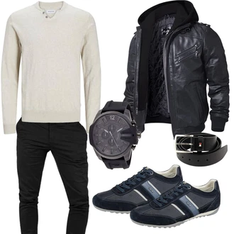 Motorrad Outfit mit Schwarz/Dunkelgrau/Grau Bikerjacke/Kapuzenjacke/Motorradjacke/Winterjacke/Fliegerjacke/Kunstlederjacke/Leder Bomberjacke/Jacke mit Seitlichem Reißverschluss FLAVOR "Cool Outfit"Look: Airsoft, Reiten, Motorrad