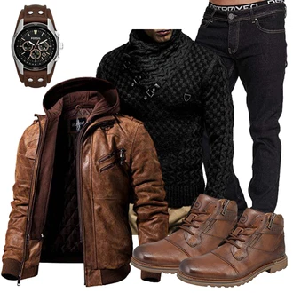 Motorrad Outfit mit Dunkelbraun/Braun Kapuzenjacke/Außergewöhnliche Jacke/Herbstjacke/Jacke mit Seitlichem Reißverschluss/Winterjacke/Kunstlederjacke/Bikerjacke/Leder Bomberjacke/Motorradjacke/Vintage Lederjacke/Lederjacke FLAVOR "Cool Outfit"Look: Motorrad, Reiten