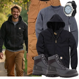 Outfit mit Braun/Khaki Cargohose/Carpenter Hose/Twill Hose/Cargo-Jogginghose Carhartt, Dunkelgrau/Dunkelblau/Grau/Blau/Hellgrau Women's Fleece Sweatshirts/Pullover mit Stehkragen/Sport Sweatshirt Carhartt, Schwarz/Dunkelblau Hoodie/Sweatjacke/Ausgefallener Hoodie/Women's Fleece Sweatshirts/Sport Hoodie/Oversized Zip Hoodie/Half-zip Hoodie/Strick Hoodie Carhartt, Dunkelgrau/Hellgrau/Grau/Schwarz Wasserdichter Stiefel/Sicherheitsschuh/Wasserfester Schuh/Trekkingstiefel/Herren Lederschuhe/Thermostiefel/Wasserdichter Outdoorschuh Carhartt "Cool Outfit"