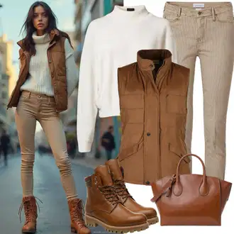Chytré casual outfity Western s Hnědá/Béžová/Khaki Kožená kotníková bota/Plochá Kotníková Bota/Letní kotníková kozačka/Kozačka se zipem/Kotníková Bota s Podšívkou About You "Cool podzimní outfit"Look: Cool, Krásný, Old Money, Chytrý příležitostný, Western