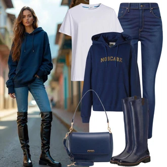 Outfit s Černá/Modrá/Tmavě modrá Bota Dlouhá Kozačka/Klasická kozačka/Bota se širokým nohavici/Plochá kozačka nad koleno/Kozačka po Kolena/Jezdecká Bota/Ovčí Kožešinová Bota Bullboxer "Cool zimní outfit"