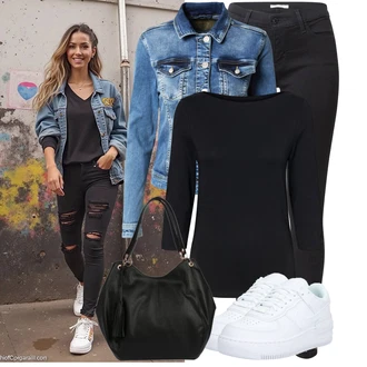 Cool Outfit s Modrá/Světle modrá Džínové Bund/Krátké Džínové Bundičky Gang "Podzimní outfity"Look: 90tá léta, Cool, Kovbojka, Mom, Krásný, Univerzitní, Western