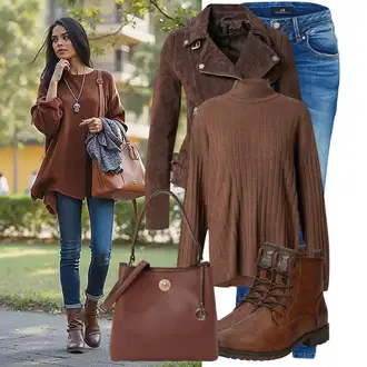 Outfit s Hnědá/Tmavě hnědá/Šedá Motorkářské Bund/Kožené Bund/Motorkářská bunda/Kožená vintage bunda/Bunda s Bočním Zipem Freaky Nation "Podzimní Look"