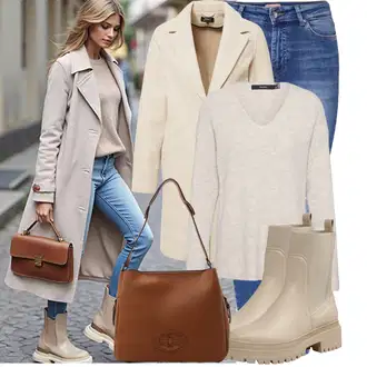 Boja Outfit sa Bež/Kaki Prijelazni Kaput/Lagani Kaput/Kaput od Vunenog Flisa/Kaput od Kašmira/Zimski Kaput Vuneni kaput/Vintage Kaput/Midi Kaput/loden kaput Only "Jesenski outfiti"Look: klasický, Boja, Ured, moderne, Sveučilišna, Pametno ležerno, Poslovni