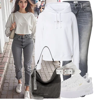 Kombinacije sa stilom Estetika sa Siva/Bijela Tenisica za tenis/gimnastička papuča/cam cipela/cipela za trčanje/Tenisica za fitness Puma "Jesenska odjeća za svaki dan"Look: Ekstravagantno, Bad Taste, Unisex, Hip Hop, Skater, 90-ich, Estetika, Sportski