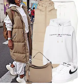Outfit s Bílá/Růžová/Šedá/Krémová/Stříbrný/Vícebarevný Originální mikina/Svetr S Kapucí/Partnerská Mikina/Sportovní mikina/Mikina/Unisex Mikina S Kapucí/Vintage mikina/Dámský Svetr/Svetr s kapucí Tommy Hilfiger "Podzimní outfit pro každý den"