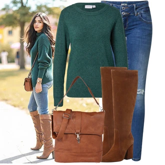 Cowgirl Outfit sa Tamnosmeđa/Smeđa Čizmica Čizma na Špic/Čizma za Jahanje/Čizma do Koljena/Široke čizme/Čizma na visoku petu/Duga Čizma About You "Jesenska odjeća za svaki dan"Look: Cowgirl, Western