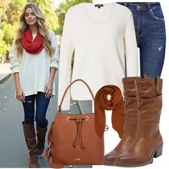 Outfit s Béžová/Hnědá Špičatá Kozačka/Vintage kozačka/Bota se širokým nohavici/Jezdecká Bota/Kovbojská Bota/Klasická kozačka Mustang "Módní vzhled na podzim"