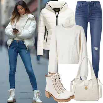 Zimske Outfiti Kratka mit Bež/Bela/Krem Napihnjena Jakna/Puhovka/Snežna Jakna/Poletna Jakna/Smučarska jakna/Zimska Jakna Pepe Jeans "Eleganten jesenski Outfit"