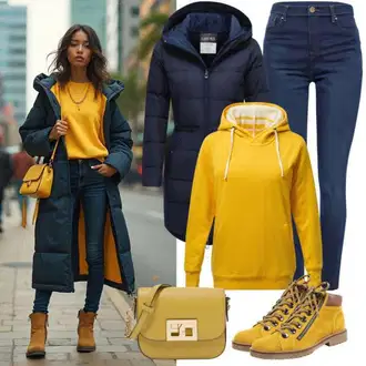 Outfit sa Žuta Sportska majica/Vintage majica s kapuljačom/Majica od flisa/Kožna jakna O'NEILL "Elegantni jesenski outfit"