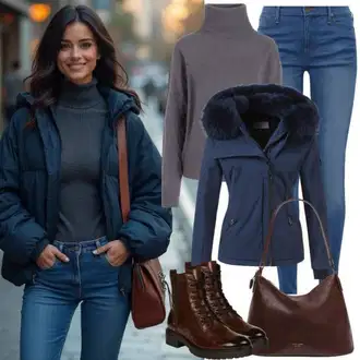 Hedvábí Outfit s Tmavě modrá Bluzon/Bunda na přetažení přes hlavu/Dlouhé bundy/Merino bunda/Blůzová Bunda TRIANGLE "Elegantní podzimní outfit"