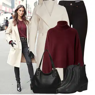 Boja Outfit sa Bež/Bijela/Smeđa/Kaki Vuneni Kaput/Lagani Kaput/Midi Kaput/Kaput od Kašmira/Dugi kaput/Pleteni Kaput/Zimski Kaput Vuneni kaput/Baloner/loden kaput Vila "Jesenski outfiti"Look: Boja, klasický, Old Money, Preodjeven, Ured, Poslovni, Sveučilišna