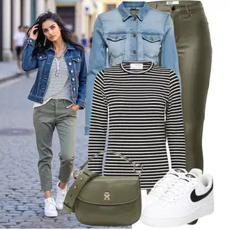 Zakrpe Outfit sa Tamnozelena/Kaki Kožna Jakna/Bikerske Traperice/High Waist Traperice/Termo Traperice/Traperice s Prorezom JdY "Jesenski outfiti"