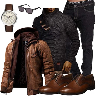 Motorrad Outfit mit Dunkelbraun/Braun Kapuzenjacke/Außergewöhnliche Jacke/Herbstjacke/Jacke mit Seitlichem Reißverschluss/Winterjacke/Kunstlederjacke/Bikerjacke/Leder Bomberjacke/Motorradjacke/Vintage Lederjacke/Lederjacke FLAVOR "Freizeit Outfit"Look: Motorrad, Reiten