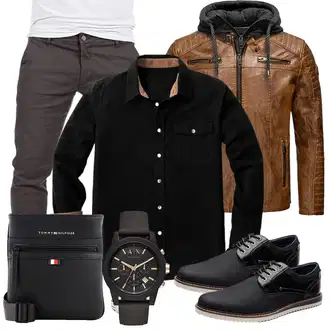 Outfit mit Braun/Dunkelbraun/Beige Jacke mit Seitlichem Reißverschluss/Wachsjacke/Vintage Lederjacke/KunstLederjacke/Lederjacke Redbridge "Freizeit Outfit"