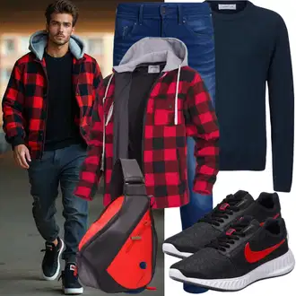 Outfit mit Rot/Orange/Braun Stehkragen-Strickjacke/Wolle Strickjacke/Winter Strickjacke/Strickjacke Gefüttert/Vintage Strickjacke hinterstoisser "Freizeit Outfit"