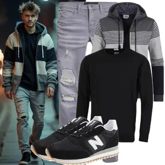 Outfit mit Grau/Hellgrau Jeans mit Schlitz/Jeans mit Loch/Low Rise Jean/Low Waist Jean/Lederjacken/Biker Jeans/Sweatjeans witt "Freizeit Outfit"