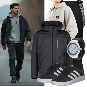 Logoprint Outfit mit Schwarz/Dunkelgrau Skateschuh/Sneaker Low/Schmaler Sneaker/Leder Sneaker/Freizeitschuh/Sommer Sneaker adidas sportswear "Freizeit Outfit"
