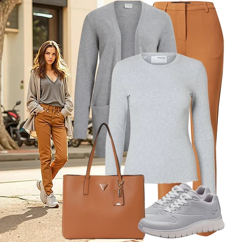Kombinace Hnědá/Béžová/Oranžová Obleková Kalhoty/Zimní Kalhoty/Kalhoty s Vysokým Pasem/Kalhoty Bootcut/Kalhoty se Štěrbinou VERO MODA