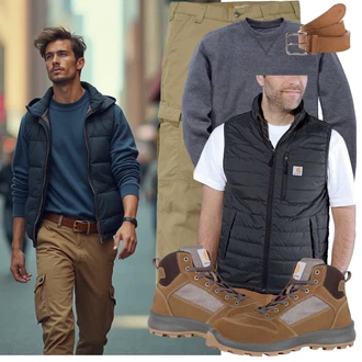 Outfit mit Khaki Cargohose/Zip Off Hose Carhartt, Dunkelgrau/Dunkelblau/Grau/Blau/Hellgrau Women's Fleece Sweatshirts/Pullover mit Stehkragen/Sport Sweatshirt Carhartt, Schwarz/Grau/Dunkelgrau Isolationsweste/Steppweste/Ärmellose Weste/Outdoorweste/Daunenweste/Wendeweste/Puffer Weste Carhartt, Braun/Beige Carhartt "Freizeit Outfit"