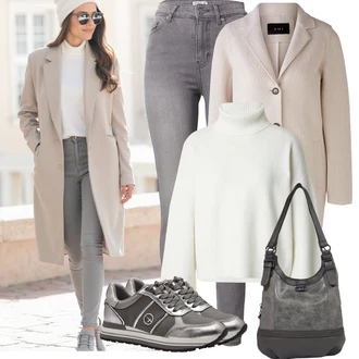 Outfit sa Pink/Bež/Smeđa Lagani Kaput/Kaput od Kašmira/Vuneni Kaput/Midi Kaput/Vuneni Kaput/Pleteni Kaput Oui "Jesenski izgled"