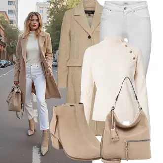 Mom Outfit s Béžová/Hnědá/Khaki Přechodový Kabát/Midi Kabát/Zimní Kabát Vlněný kabát/Lehký Kabát/Lodenový kabát/Vintage Kabát/Vlněný Kabát/Tweedový Kabát/Kašmírový Kabát VERO MODA "Vkusný podzimní outfit"Look: Klasické, Business, Mom, Kancelář, Old Money, Chytrý příležitostný, Univerzitní